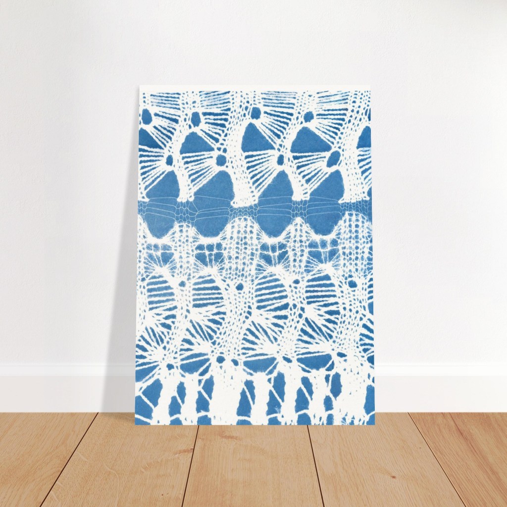 Indigo cyanotype print of a knitted lace swatch